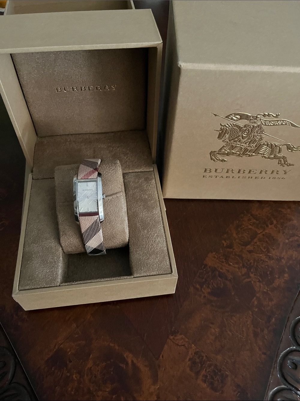 Burberry Sapphire Crystal Beige Plaid Strap Ladies Rectangular Silver Watch